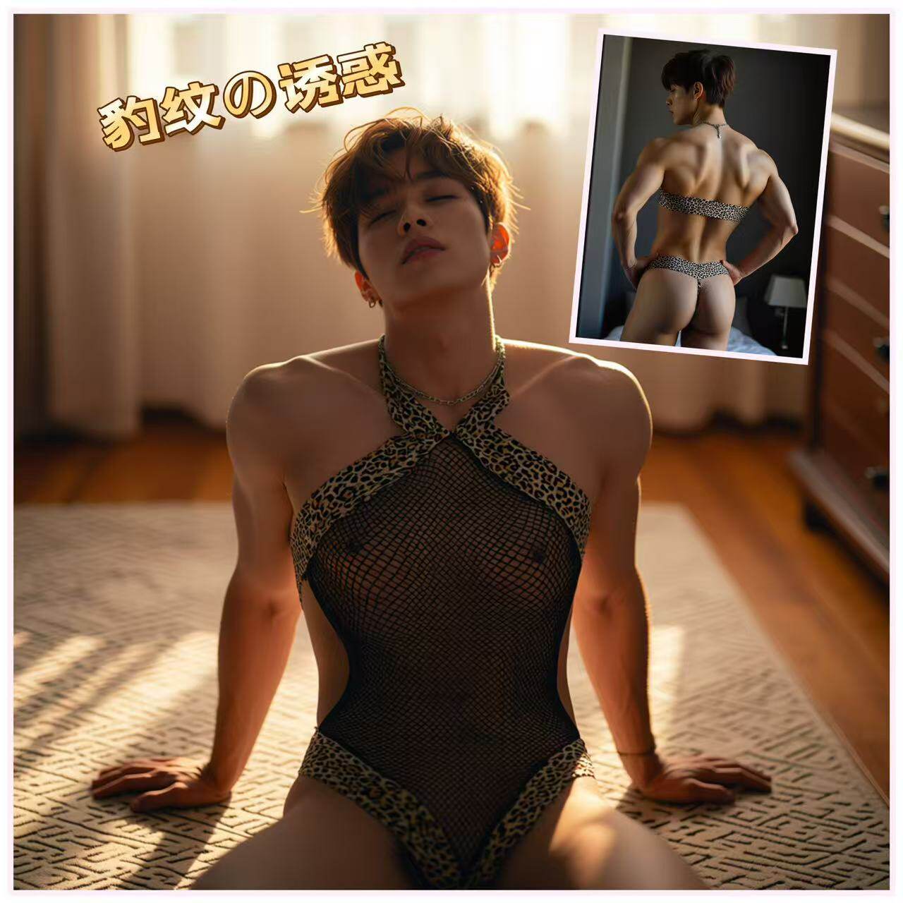 男士qq内衣豹纹网纱透视角色扮演cos紧身衣性感重口伪娘连体网衣