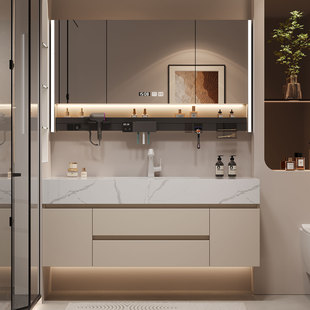 轻奢奶油风浴室柜岩板陶瓷一体盆卫生间洗漱台洗手池洗脸池盆柜