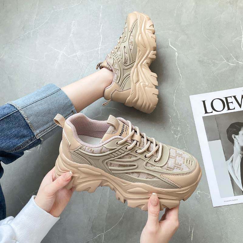 奥古狮登厚底老爹鞋女2022秋冬新款百搭女鞋休闲杏色运动鞋ins潮