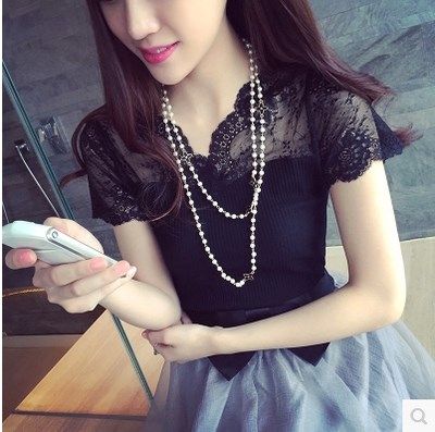 夏季女装短袖蕾丝性感上衣t恤韩版修身打底小衫V领花边螺纹针织衫在类目 女装/女士精品, 蕾丝衫/雪纺衫中 - 来自Buy2taobao.com提供专业的淘宝代购服务