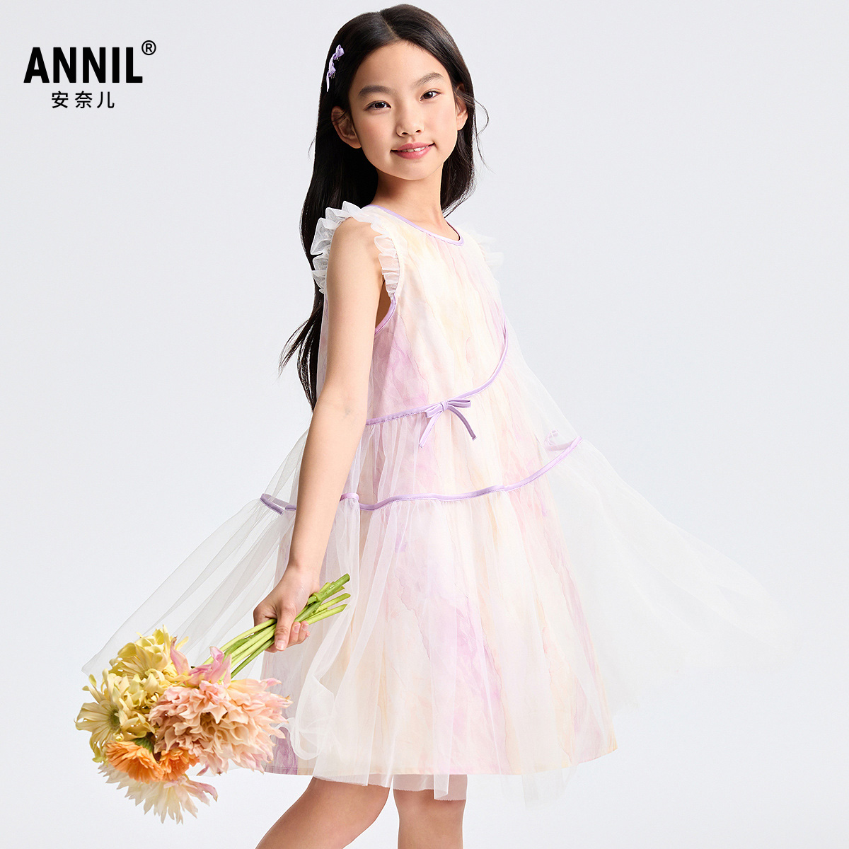 安奈儿童装女童连衣裙2025夏新款甜美碎花网纱拼接A字背心裙子