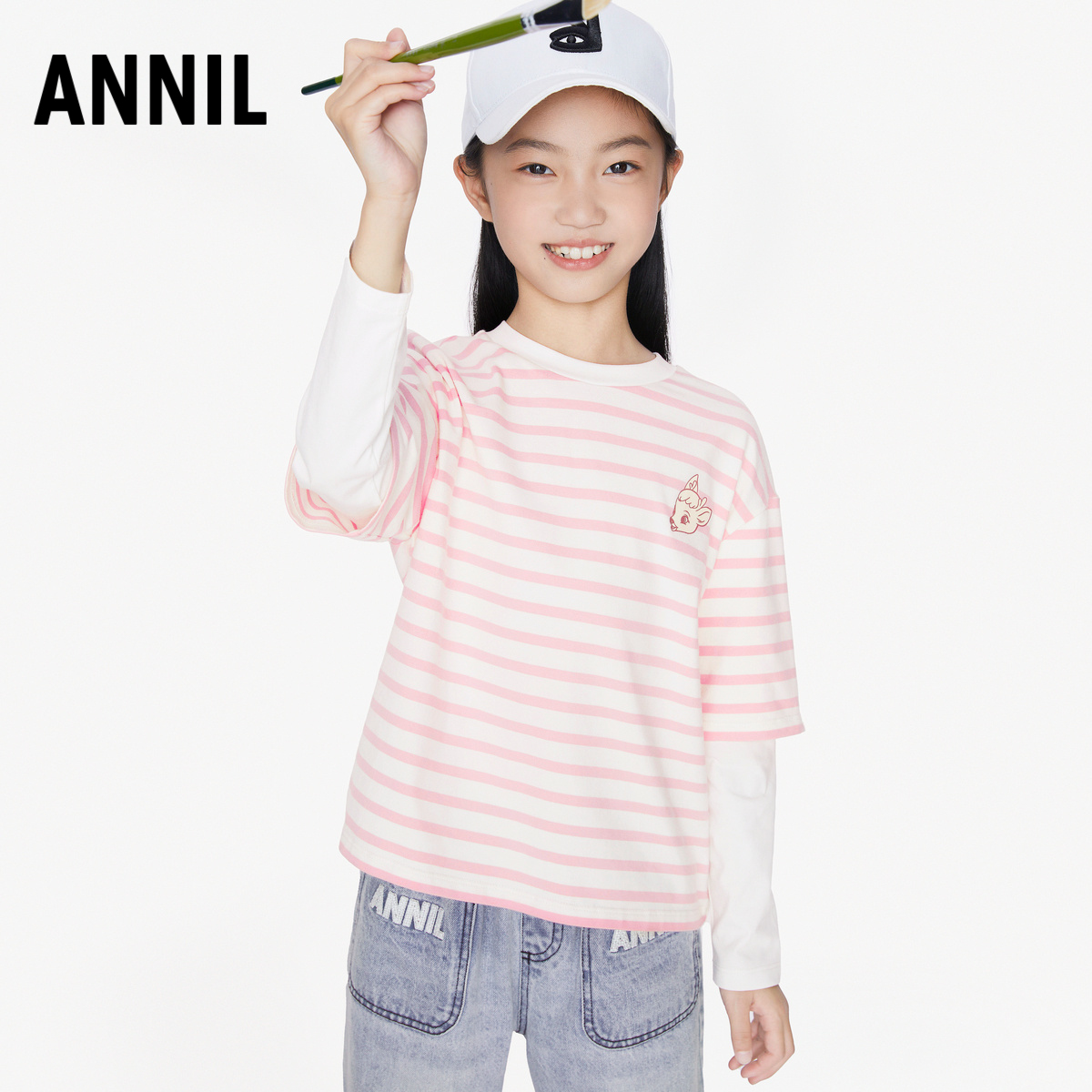 安奈儿童装女童圆领长袖针织衫2025秋新款假两件条纹T恤