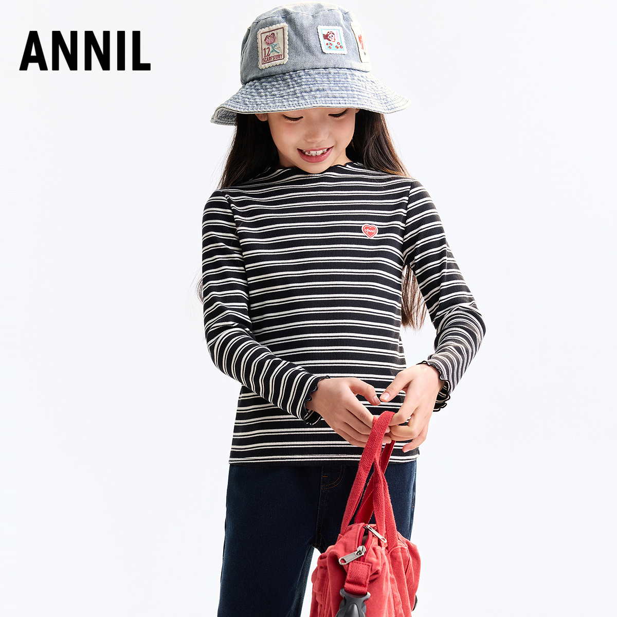 安奈儿童装女童中领长袖T恤针织衫2025秋撞色条纹打底衫爱心亲肤