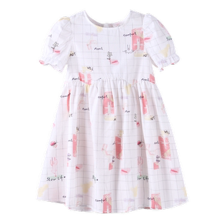 安奈儿童装女童短袖连衣裙2024夏新款纯棉透气精梳棉泡泡袖卡通