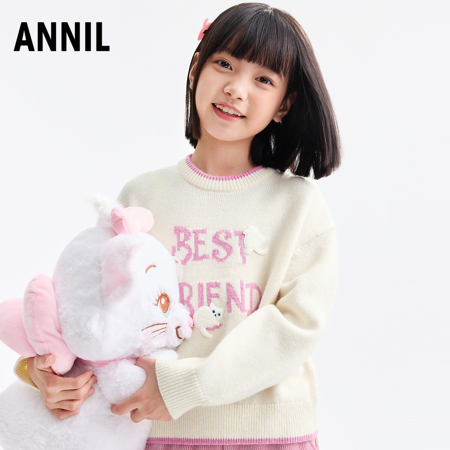 【含羊毛】安奈儿童装女童圆领毛衣针织衫2025冬休闲撞色保暖锁温