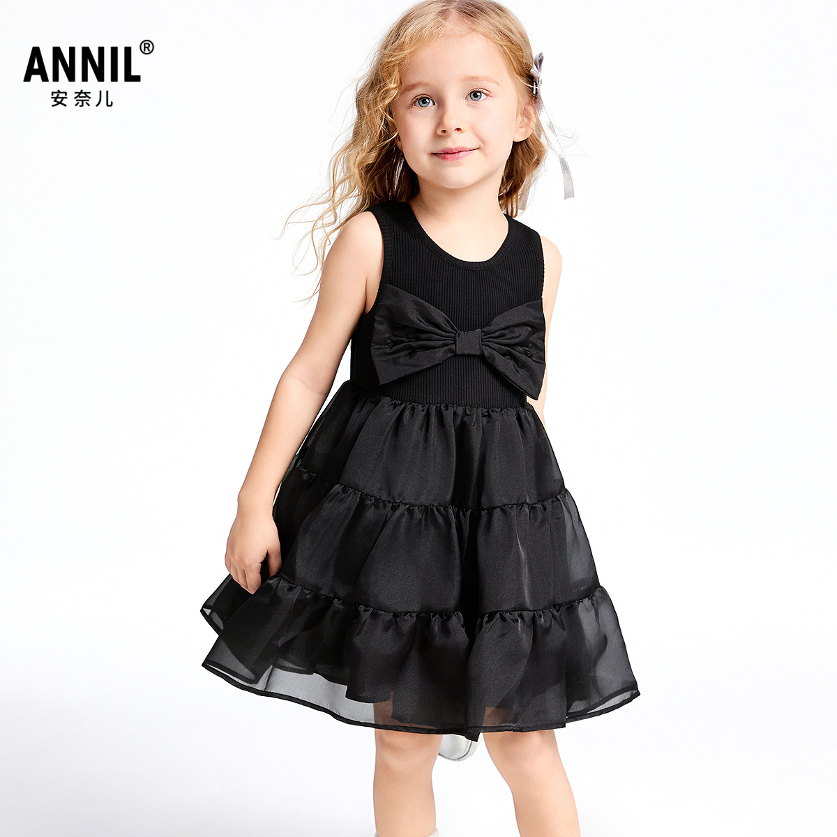 【商场同款】安奈儿童装女童连衣裙2025夏新款蝴蝶结甜美蓬蓬裙