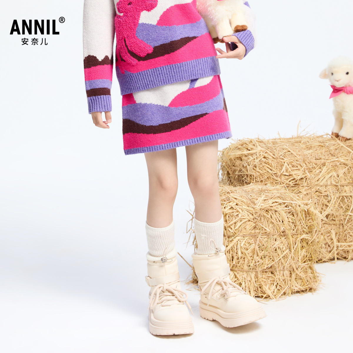 【商场同款】安奈儿童装女童针织半裙2024冬新款保暖甜美AG443815