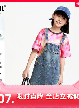 安奈儿童装女童牛仔背带裙2025春新款中蓝色弹力休闲时尚半身裙