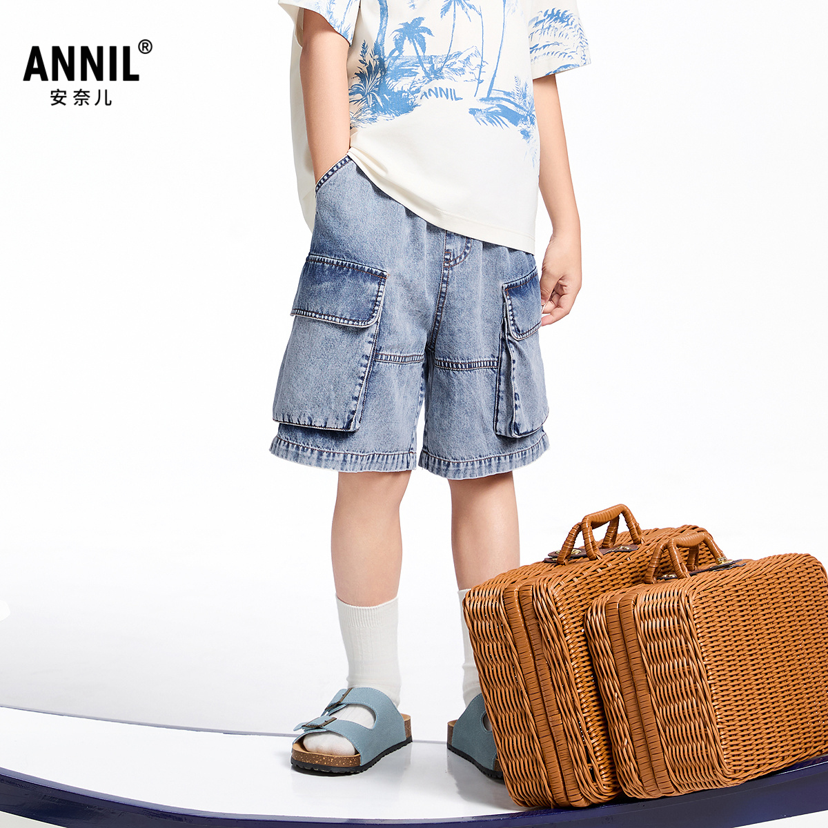 【商场同款】安奈儿童装男童纯棉牛仔中裤2025夏短裤工装风大口袋