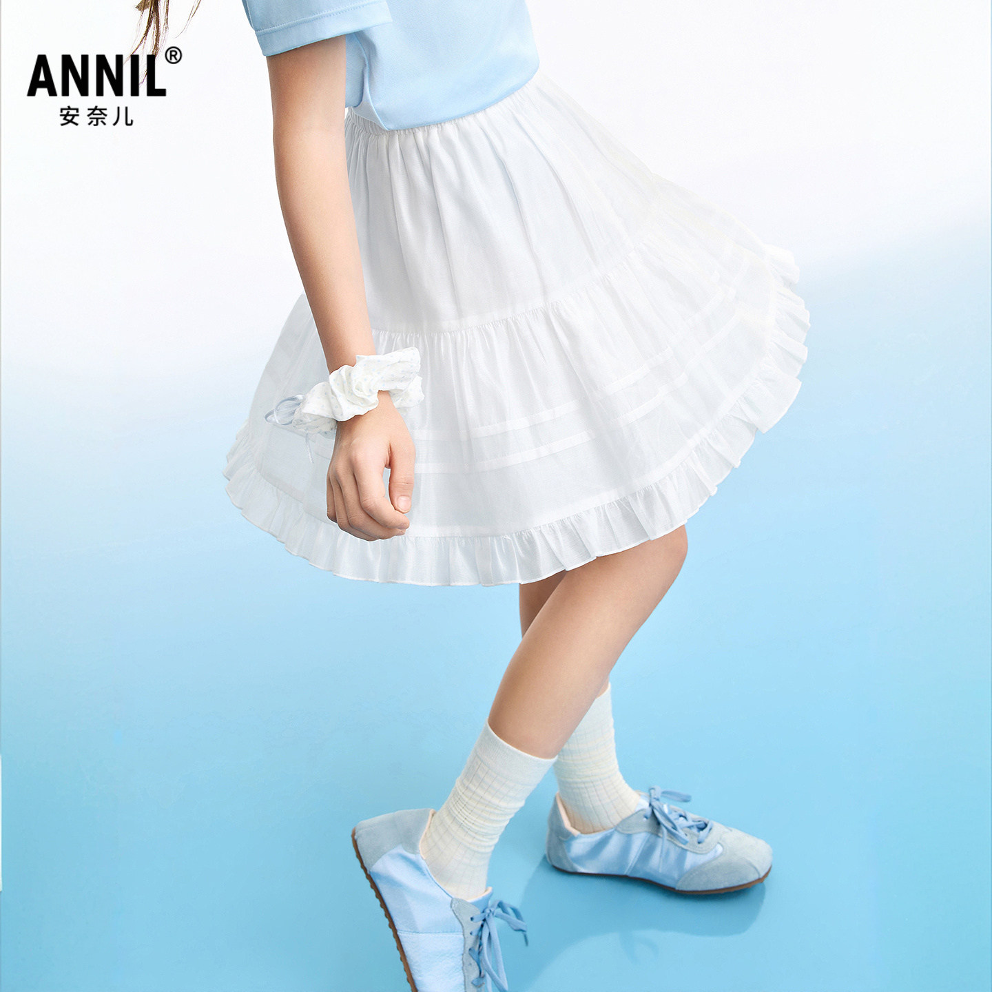安奈儿童装女童短裙2026夏A字裙宽松荷叶边装饰裙子复古学院亲肤