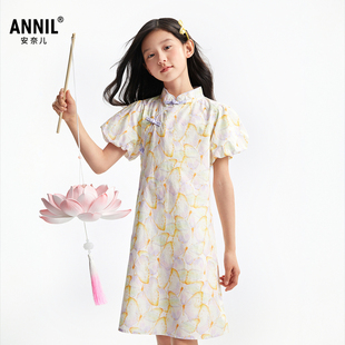 安奈儿童装女童短袖连衣裙2025夏新款中式纯棉印花国风公主裙子