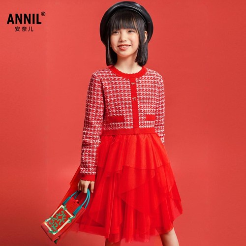 【新年红】安奈儿童装女童连衣裙2025春中国风拼纱甜美保暖裙子