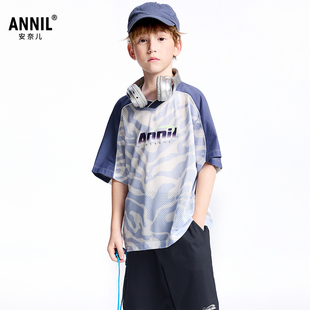 【商场同款】安奈儿童装男童V领短袖T恤上衣2025夏款运动风洞洞T