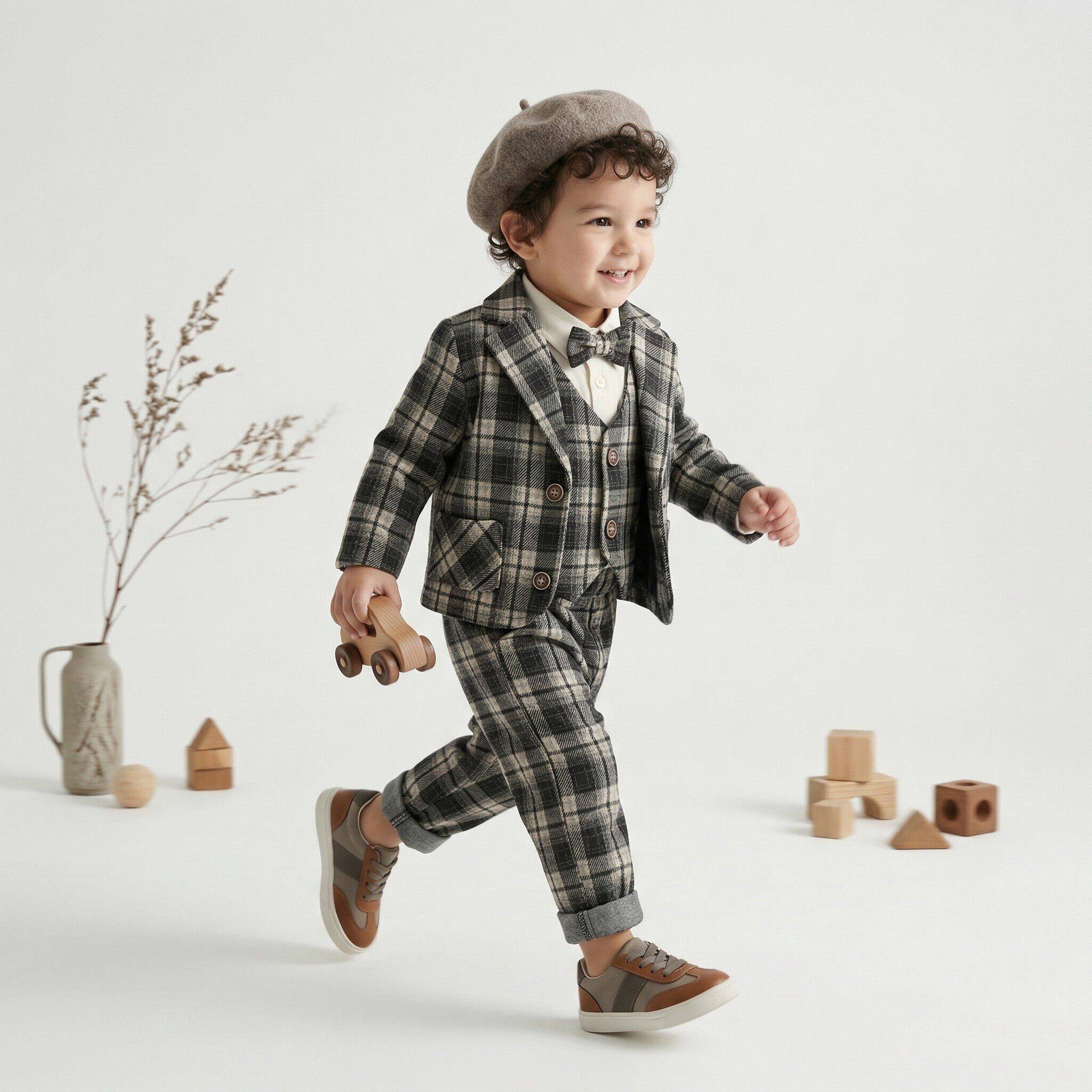 2026春季男童洋气套装新款中小童春秋时尚外穿格子马甲西装三件套