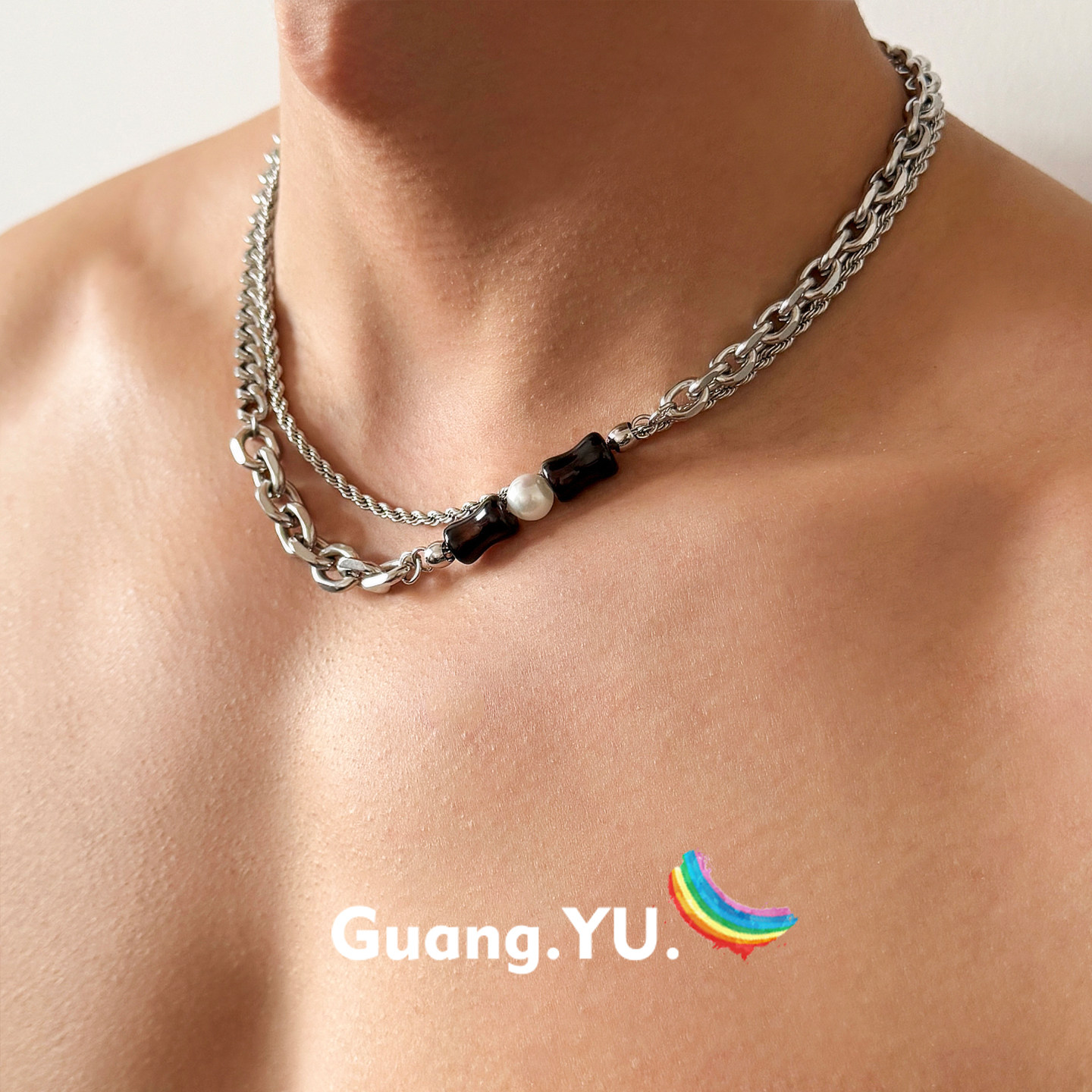 GuangYu竹节石双层叠戴项链男款复古小众设计感钛钢不掉色配饰潮