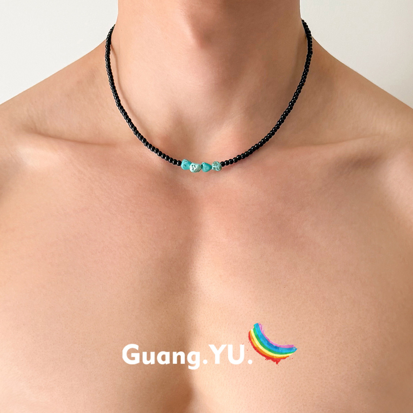 GuangYu黑色串珠绿松石项链男复古风小众原创设计感配饰女锁骨链