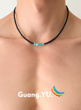 GuangYu黑色串珠绿松石项链男复古风小众原创设计感配饰女锁骨链