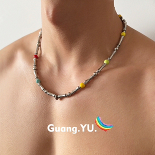 GuangYu彩色琉璃珠竹节项链男女小众钛钢金属冷淡风锁骨链高级感