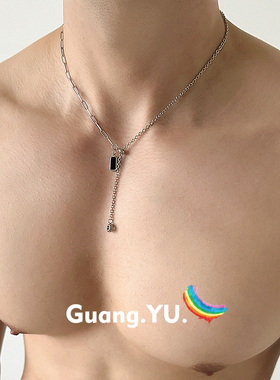 GuangYu黑宝石流苏吊坠项链男冷淡风轻奢小众配饰女抽拉式毛衣链
