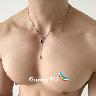 GuangYu黑宝石流苏吊坠项链男冷淡风轻奢小众配饰女抽拉式毛衣链