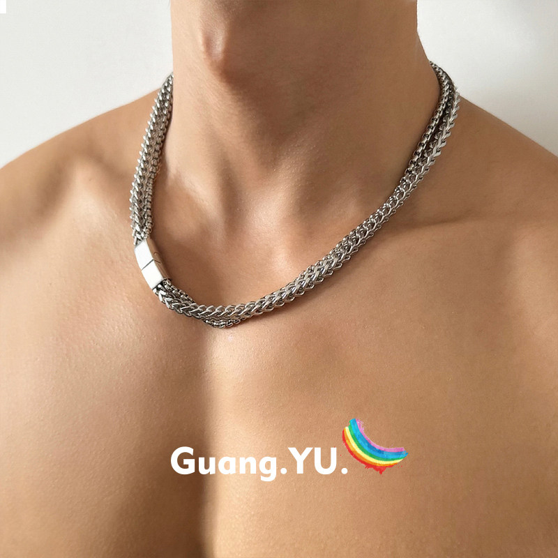 GuangYu重工磁吸扣钛钢项链男款高级感双层叠戴小众配饰潮不掉色