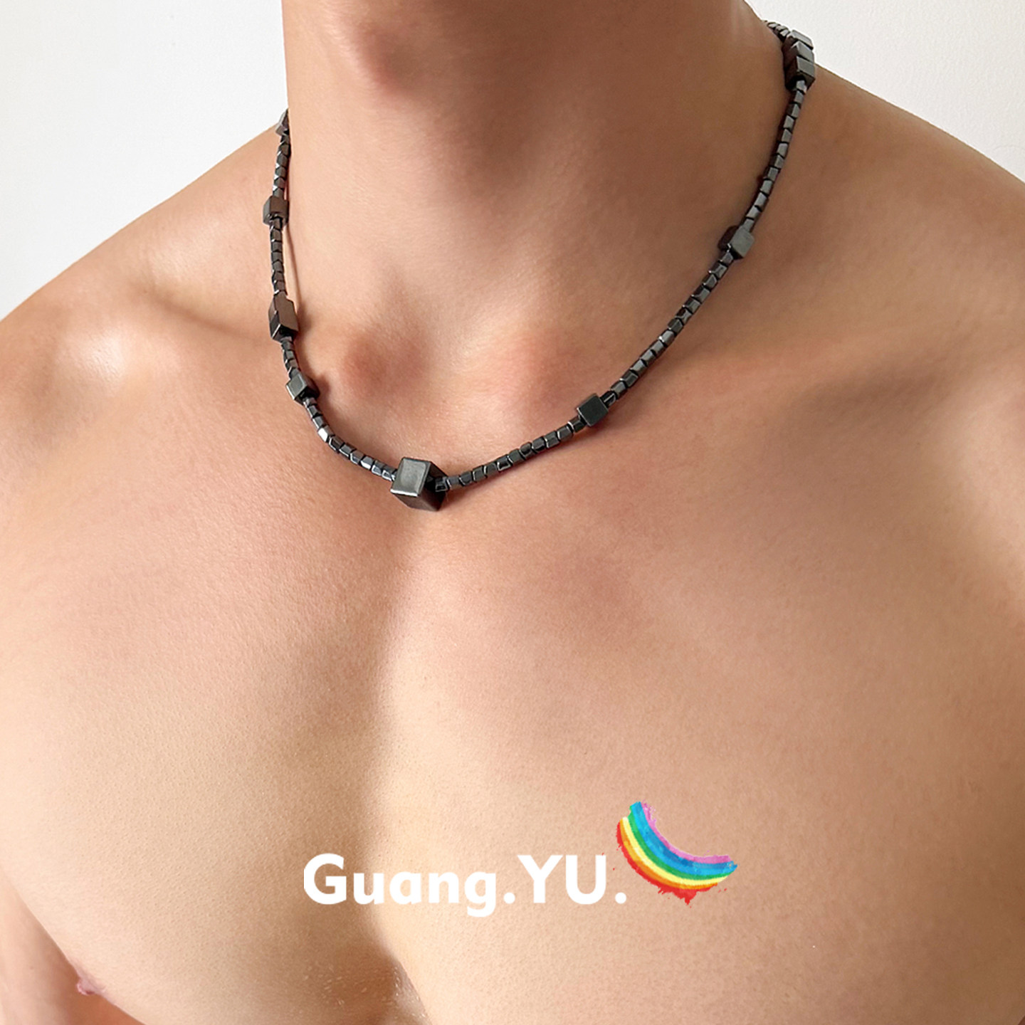 GuangYu暗黑重工方块项链男款高级感小众设计黑胆石配饰潮流朋克