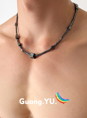 GuangYu暗黑重工方块项链男款高级感小众设计黑胆石配饰潮流朋克