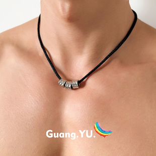 GuangYu肌理感小蛮腰黑绳编织项链男简约复古百搭锁骨链小众设计