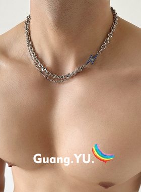 GuangYu蓝色闪电链条双层项链男