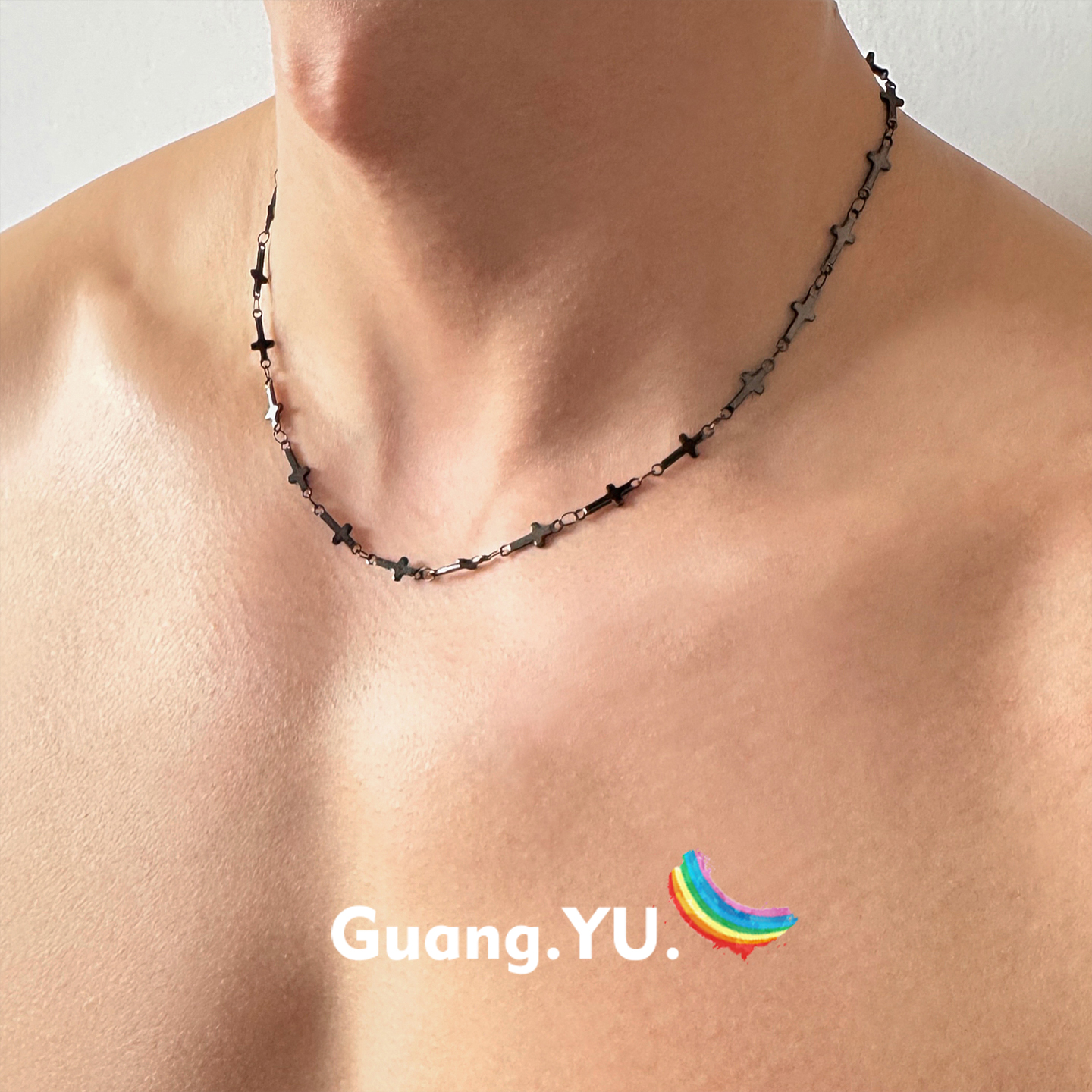 GuangYu黑色十字架项链男款简约百搭钛钢拼接配饰嘻哈小众锁骨链