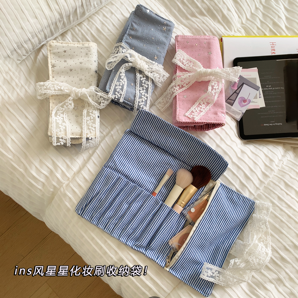 碎花款眼影刷子粉刷美妆收纳袋蝴蝶结便携眉笔大容量桌面收纳包