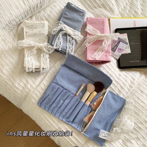 碎花款眼影刷子粉刷美妆收纳袋蝴蝶结便携眉笔大容量桌面收纳包