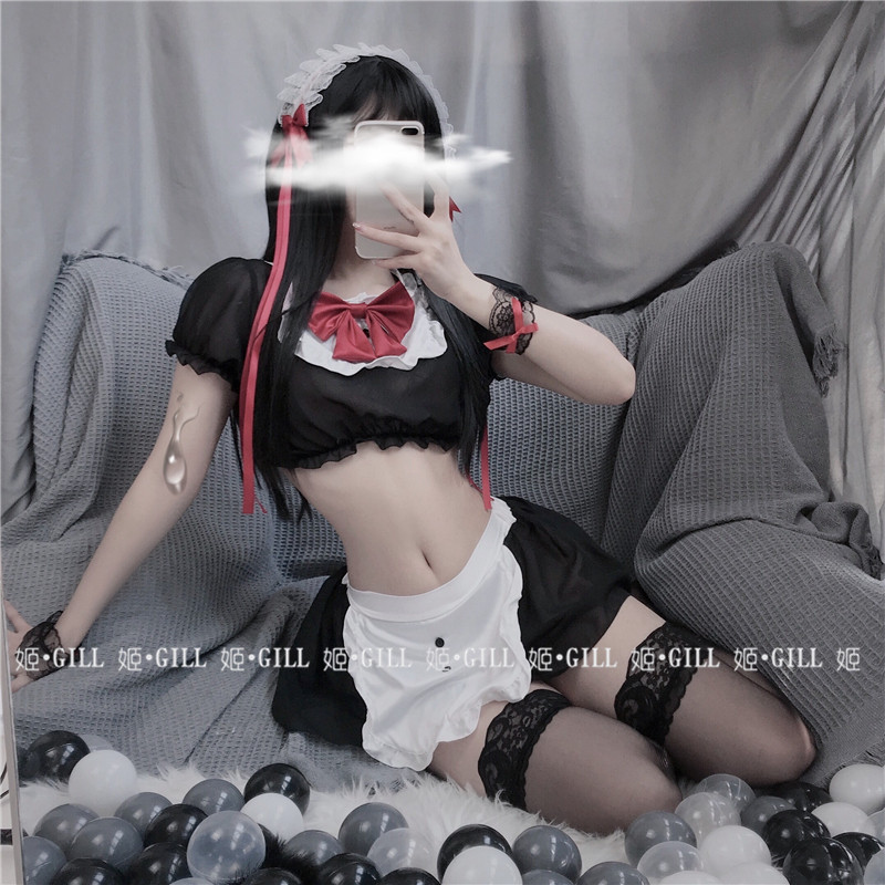 姬 Gill:角色扮演 木耳边可爱性感露背围裙绑带cos女仆套装蕾丝