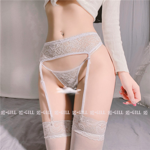 姬Gill：日系性感蕾丝蝴蝶结吊带袜T裤黑丝中筒袜女薄款透视白丝 - 封面