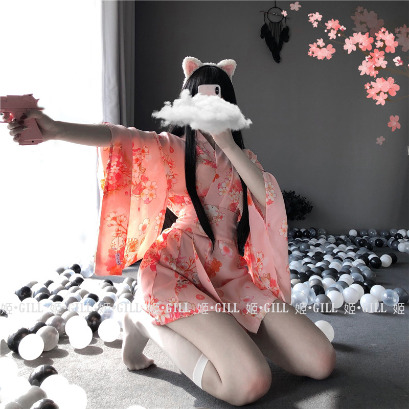 做你的猫复古风印花浴袍开叉和服