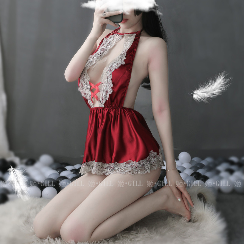 奶油丝绸木耳边绑带v领开叉睡裙