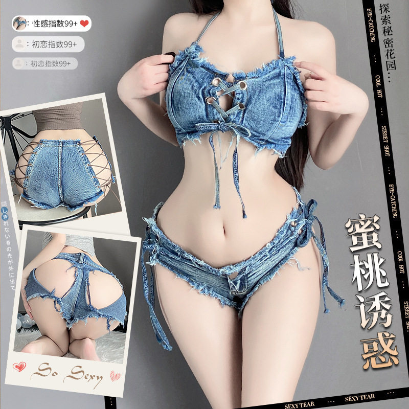 姬GILL内衣女低腰开档短裤性感破洞牛仔短裤夜店火辣诱惑内衣酒吧