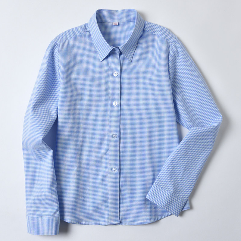 小学生校服衬衫女童蓝色长袖纯棉春夏款学院风韩系格子初中生衬衣