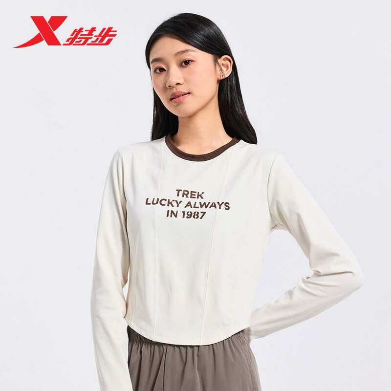 特步长袖T恤女款2025春季新款针织衫女上衣官方正品976328030459
