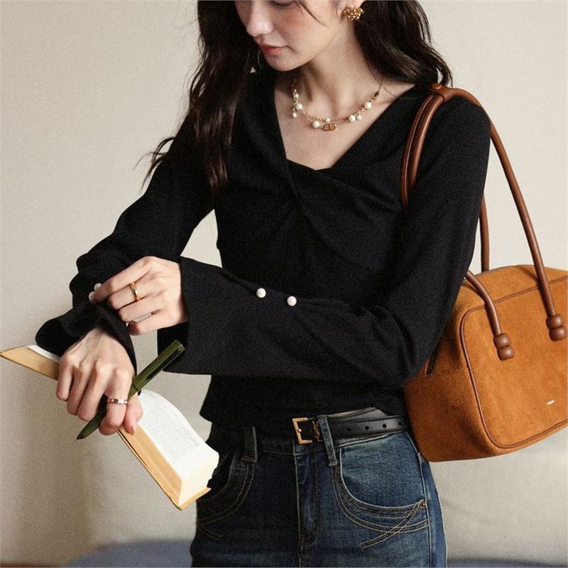 鹿向南「松露可可」米杏色长袖针织衫女秋新款设计感小众扭结上衣