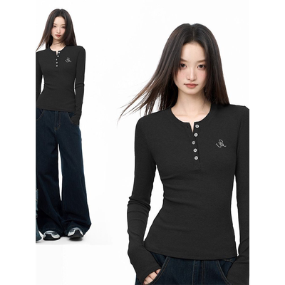 iiiamX灰色v领加绒修身t恤打底衫女2025秋季打底长袖内搭正肩上衣