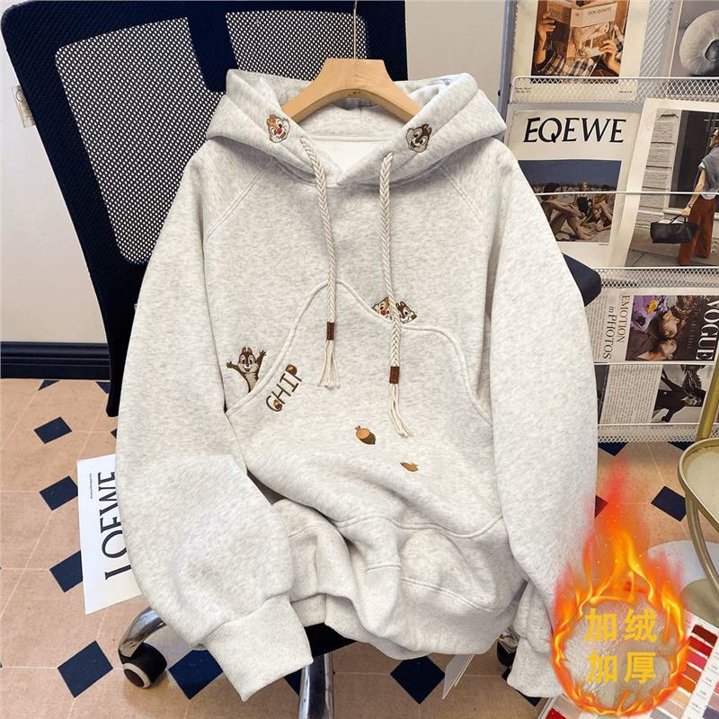 韩版卡通刺绣连帽卫衣女春秋冬加绒加厚宽松慵懒风高级感灰色外套