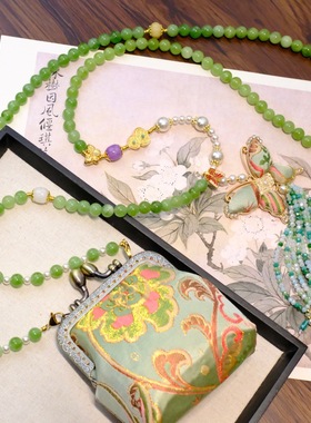 新中式国风复古绿玉项链蝴蝶流苏民族风轻奢百搭包包斜挎项链链