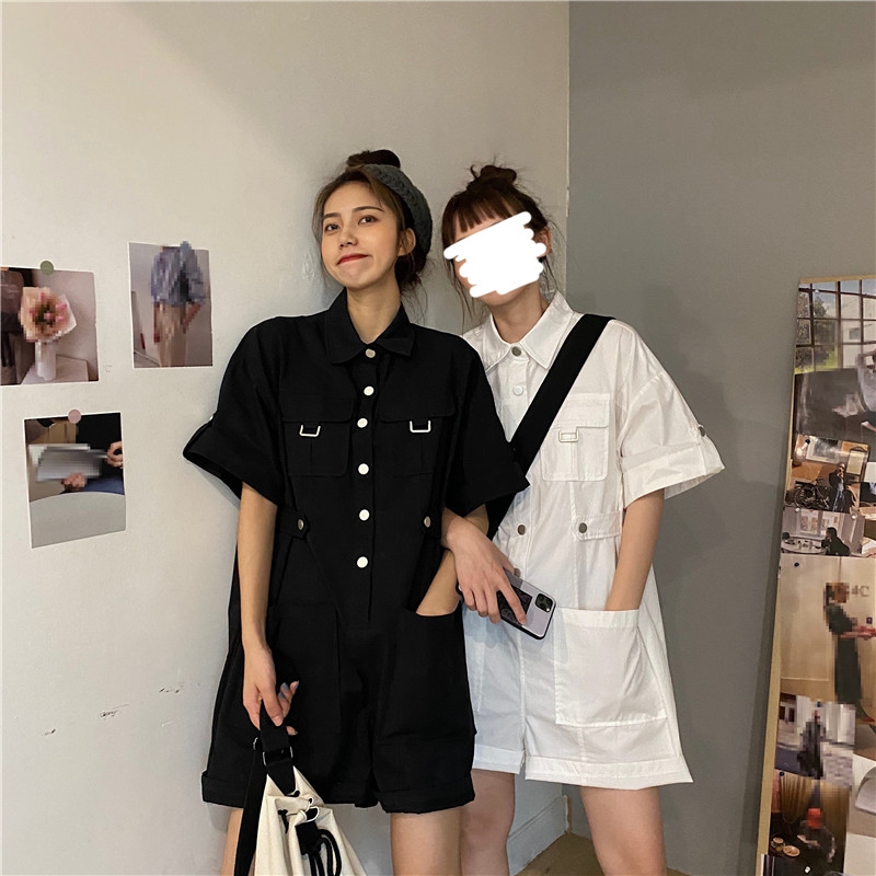 Real price spring high waist Shirt Short Sleeve tooling Jumpsuit