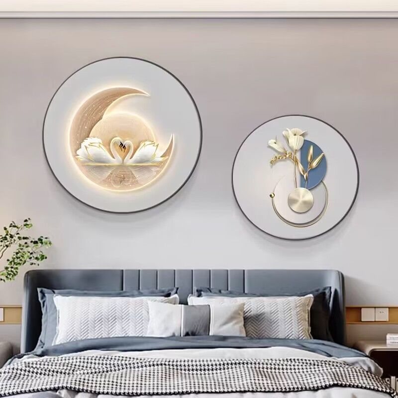 圆形北欧卧室装饰画天鹅床头画挂画现代简约房间温馨婚房主卧壁画图片