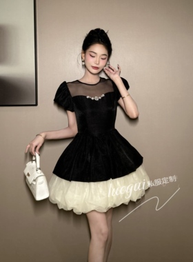 【花花原创】显瘦气质日常泡泡袖高腰短款设计感拼接连衣裙 65336