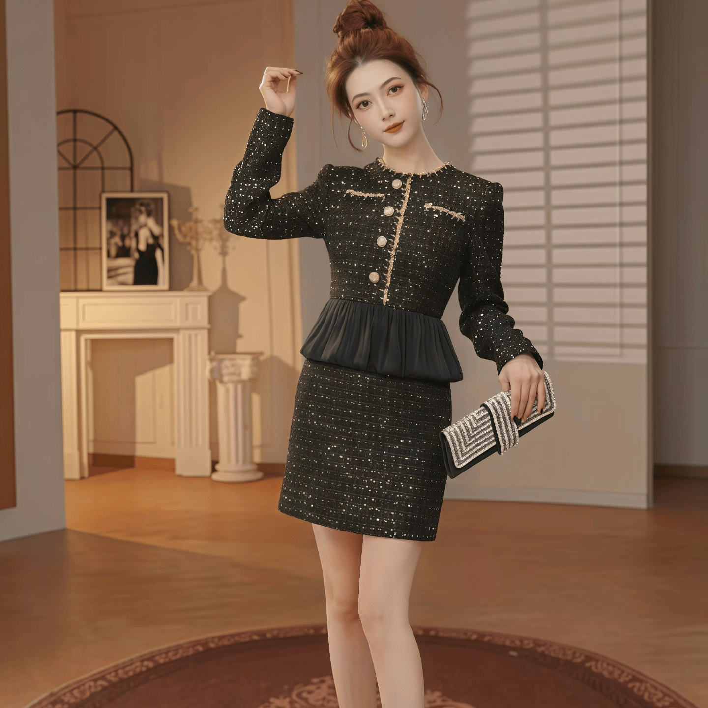 65576 金丝线拼接气质长袖亮片黑色连衣裙高级感高端精致包臀短裙