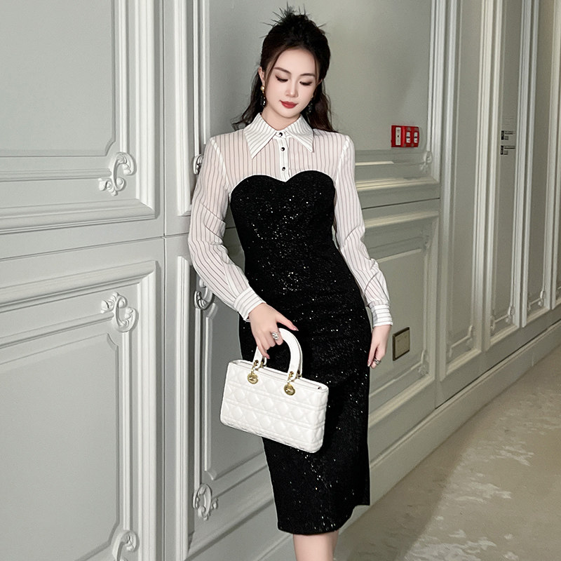 法式高级感气质小个子拼接衬衫领显瘦连衣裙女秋季新款长袖包臀裙