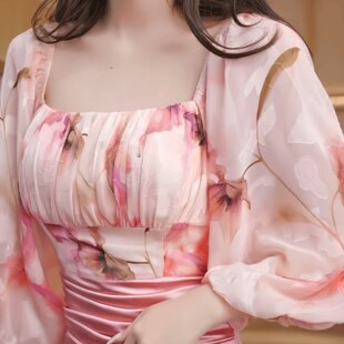 连衣裙 复古浪漫印花撞色方领包臀鱼尾裙女气质收腰修身 48100 法式