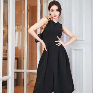 赫本风高级感黑色显瘦无袖连衣裙女秋季新款简约时尚收腰a字长裙